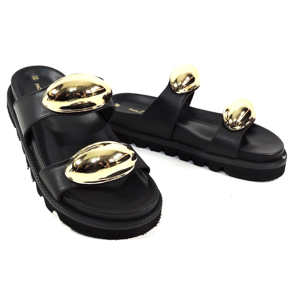 PAOLA FABIANI 🇮🇹 WOMEN'S BLACK LEATHER COMFORT SUMMER FLAT SANDALS